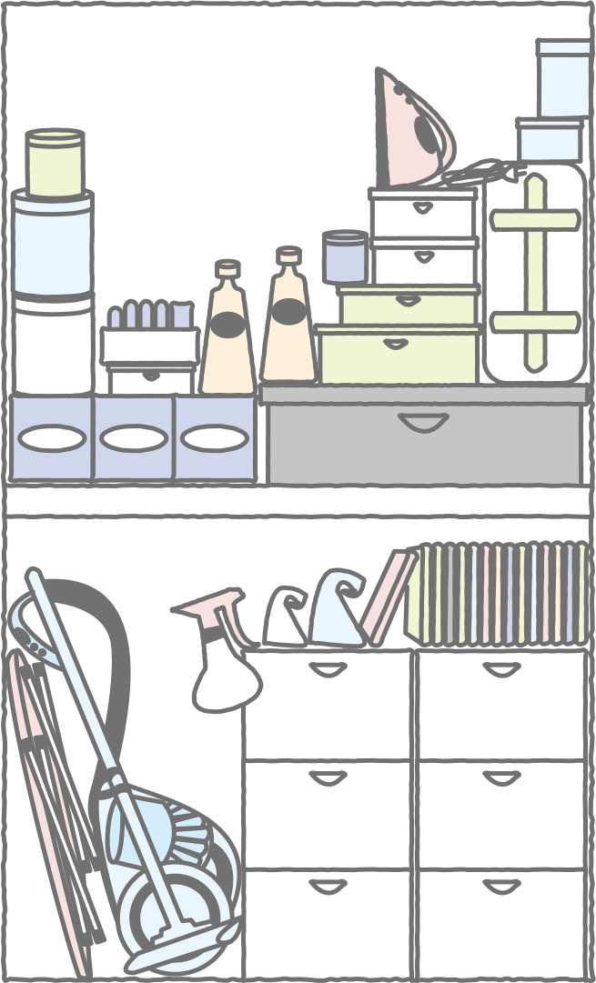 棚が1段なので、重なってしまい何がどこにあるのか分かりにくくてぐちゃぐちゃに。